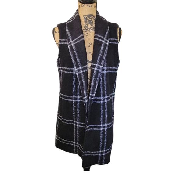Small Rachel Zoe Long Wool Vest With  Pockets, Black & White Plaid - Picture 1 of 4